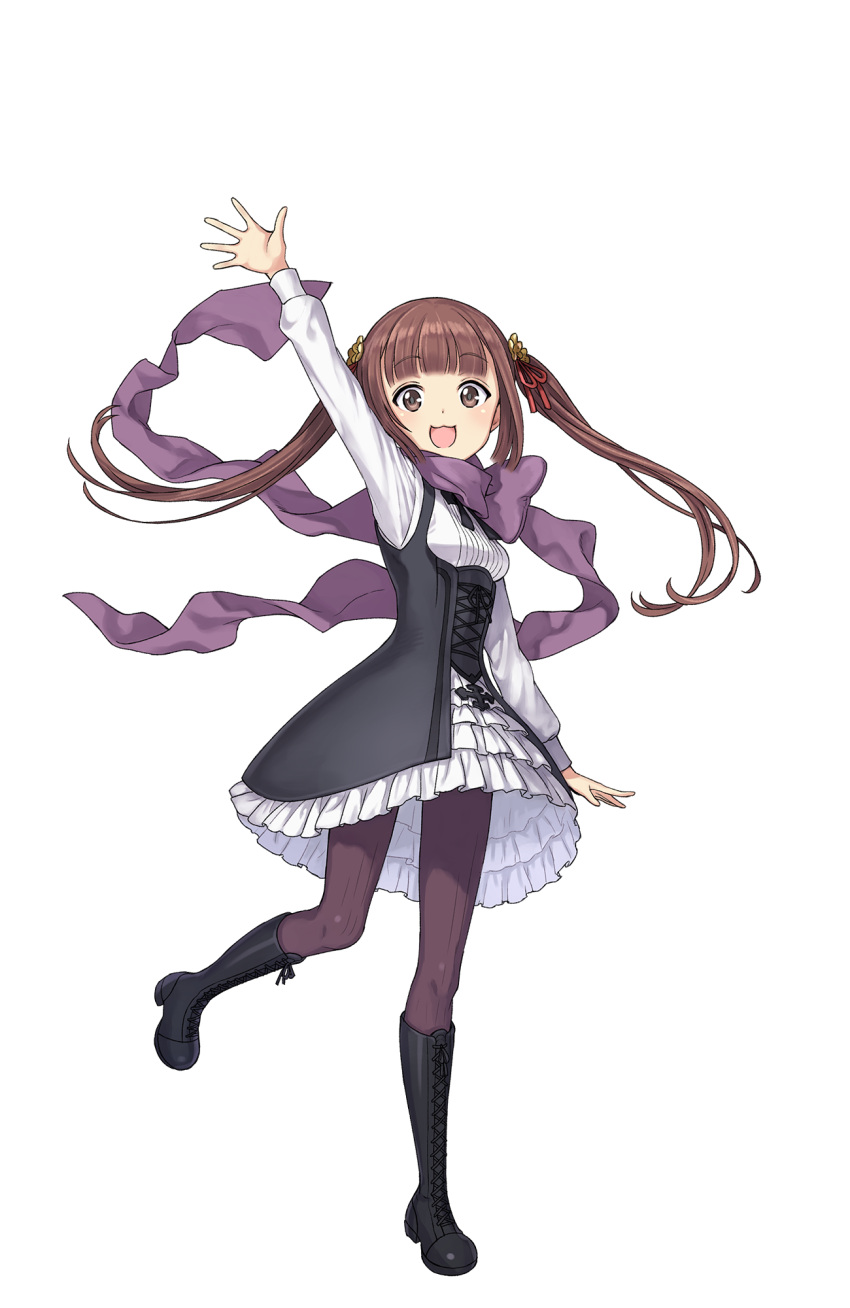 1girl :d arm_up black_footwear boots breasts brown_eyes brown_hair cross-laced_footwear full_body hair_ornament highres kisaragi_(princess_principal) long_hair looking_at_viewer official_art open_mouth princess_principal princess_principal_game_of_mission purple_legwear purple_scarf scarf school_uniform skirt small_breasts smile standing standing_on_one_leg twintails white_skirt