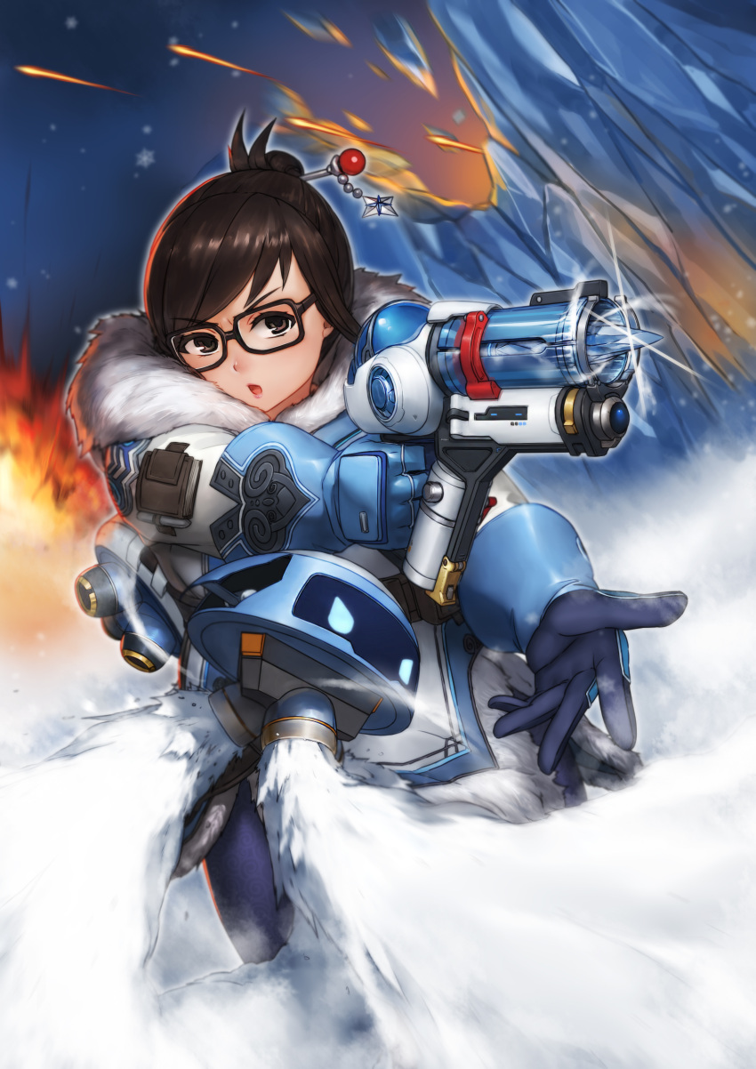 1girl absurdres aiming black-framed_eyewear blue_gloves brown_eyes brown_hair canister coat drone floating fur-trimmed_jacket fur_coat fur_trim glasses gloves gun hair_bun hair_ornament hair_stick highres holding holding_gun holding_weapon ice jacket looking_at_viewer mei_(overwatch) open_mouth overwatch qingmingtongzi robot short_hair snowball_(overwatch) snowflake_hair_ornament solo upper_body weapon winter_clothes winter_coat