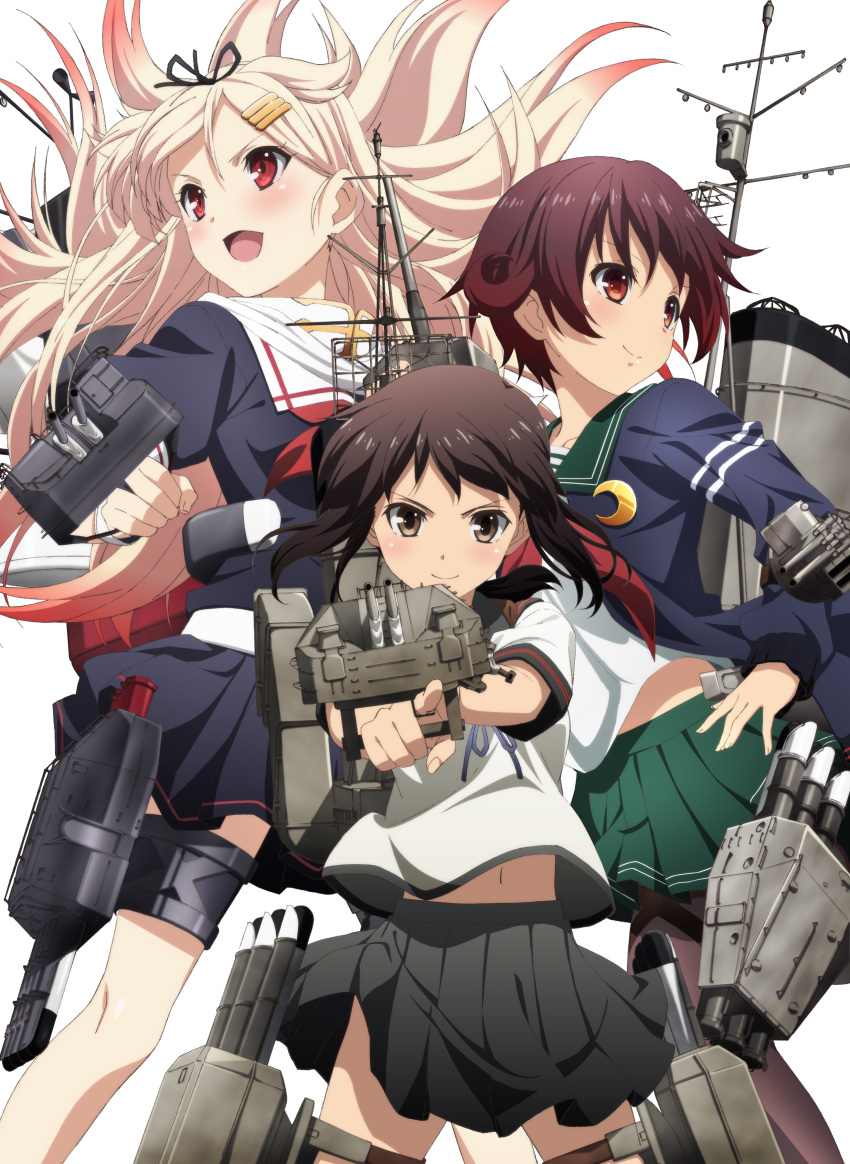 10s 3girls absurdres aiming artist_request black_hair black_ribbon black_sailor_collar black_serafuku black_skirt blonde_hair blue_jacket brown_eyes brown_hair cannon crescent crescent_moon_pin fubuki_(kantai_collection) gradient_hair green_sailor_collar green_skirt hair_flaps hair_ornament hair_ribbon hairclip highres jacket kantai_collection long_hair looking_at_viewer low_ponytail machinery multicolored_hair multiple_girls mutsuki_(kantai_collection) neckerchief official_art open_mouth pantyhose pleated_skirt ponytail red_eyes red_neckerchief redhead remodel_(kantai_collection) ribbon rigging scarf school_uniform serafuku short_hair short_ponytail sidelocks skirt smile straight_hair turret white_sailor_collar white_scarf yuudachi_(kantai_collection)