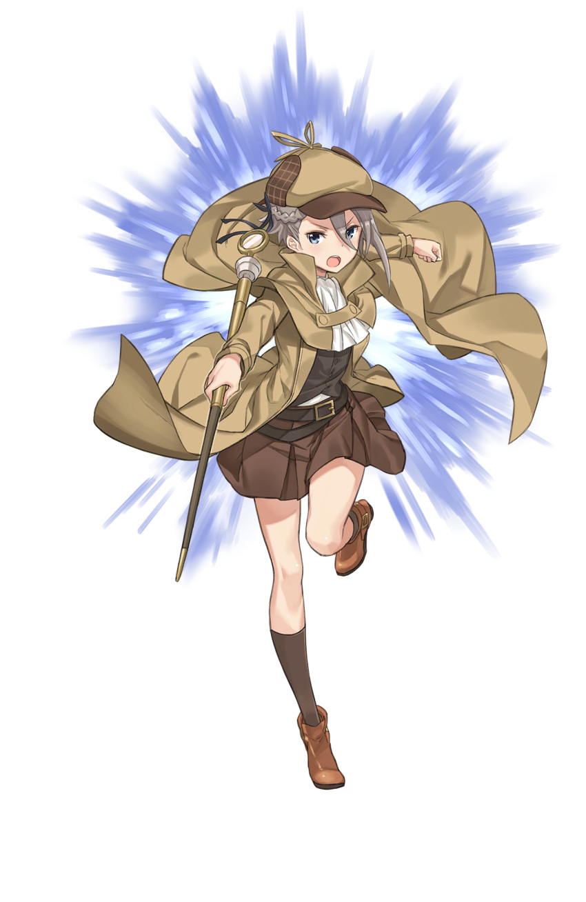 1girl :o ange_(princess_principal) belt blue_eyes braid brown_footwear brown_legwear brown_skirt cane clenched_hand crown_braid full_body grey_hair hat highres official_art princess_principal princess_principal_game_of_mission running shoes short_hair skirt socks solo trench_coat