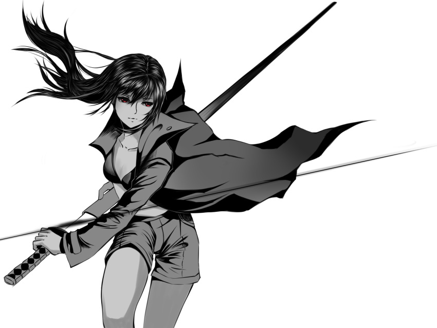 1girl absurdres bangs battoujutsu_stance bent_knee bra breasts cleavage coat collarbone cowboy_shot fighting_stance flowing_hair highres holding holding_weapon katana long_hair long_sleeves looking_away monochrome negative_space original partially_colored realistic red_flowers same-hada saya_(scabbard) short_shorts shorts sidelocks standing sword tsuba_(guard) tsuka-ito tsuka_(handle) underwear weapon