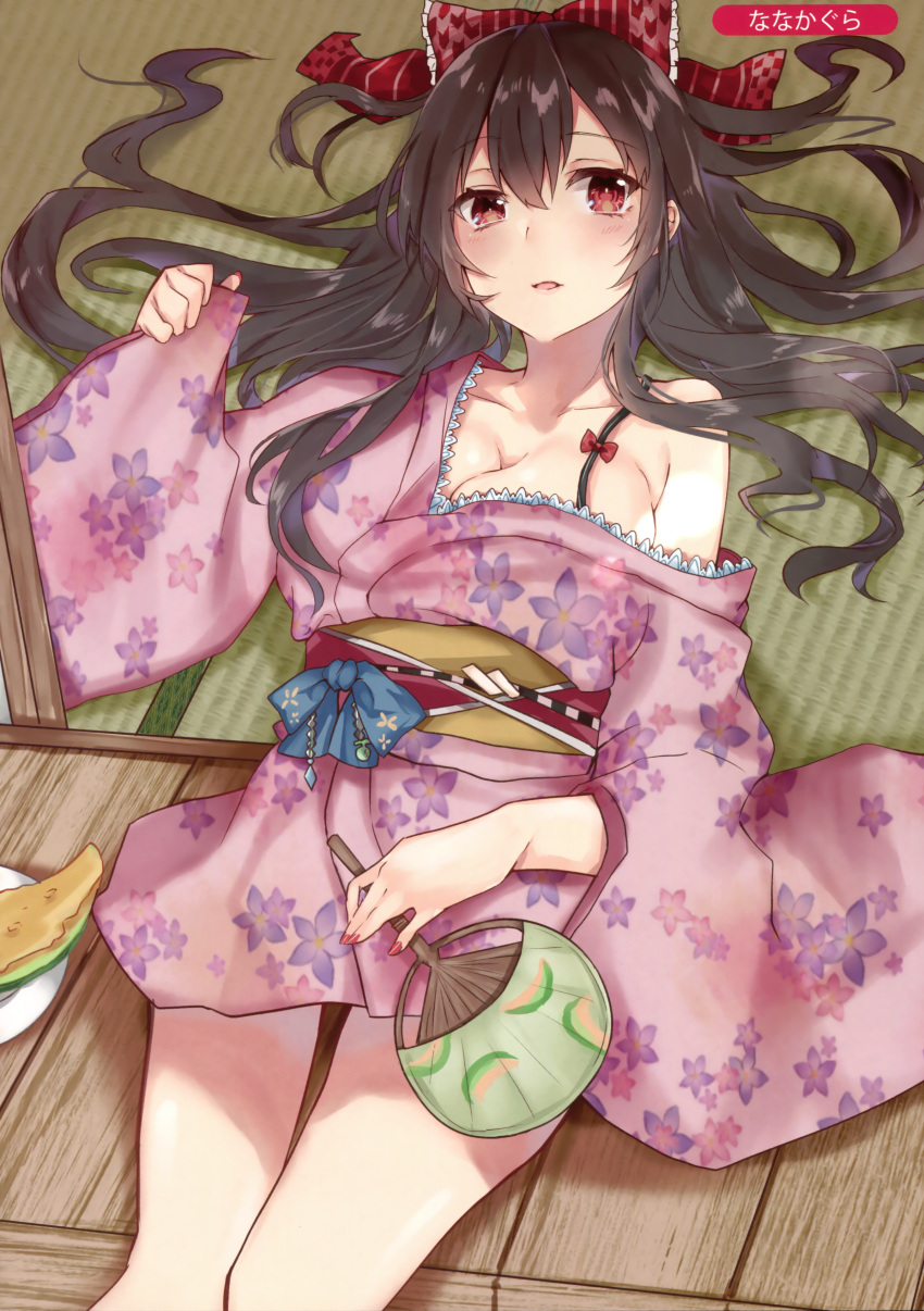 1girl absurdres artist_name bangs black_hair blush bow breasts cantaloupe cleavage eyebrows_visible_through_hair fan floral_print food fruit hair_between_eyes hair_bow hand_up highres holding holding_fan japanese_clothes kimono large_breasts light_smile long_hair looking_at_viewer lying melonbooks nail_polish nanakagura obi on_back original paper_fan parted_lips purple_kimono red_bow red_eyes red_nails sash short_kimono smile solo tatami thighs uchiwa veranda