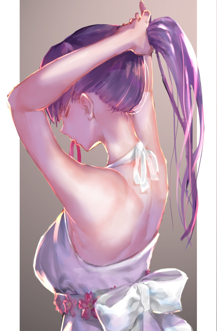 1girl arms_up bangs breasts closed_eyes closed_mouth dress fate/stay_night fate_(series) from_behind halter_dress highres large_breasts long_hair matou_sakura mouth_hold nape open-back_dress ponytail purple_hair rolua solo tying_hair upper_body white_dress