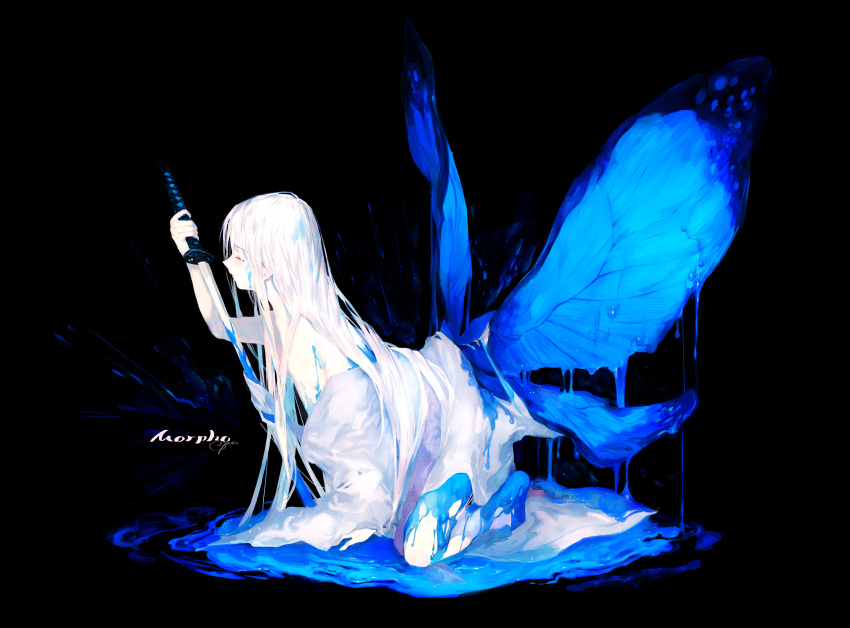 1girl absurdres bangs black_background black_hair blue_wings butterfly_wings closed_eyes closed_mouth commentary dress henshin highres holding holding_sword holding_weapon katana kneeling long_hair off_shoulder original ozyako simple_background skirt slime solo sword very_long_hair weapon white_dress white_skirt wings