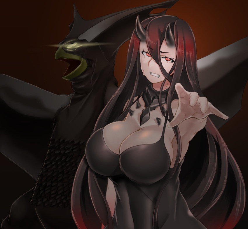 10s 1girl armpits bare_shoulders battleship_hime black_dress black_hair breasts cleavage clenched_teeth covered_navel crying crying_with_eyes_open dress foreshortening hair_between_eyes highres impossible_clothes impossible_dress kantai_collection large_breasts long_hair looking_at_viewer oni_horns pale_skin reaching_out red_eyes saizu_nitou_gunsou shinkaisei-kan tears teeth upper_body very_long_hair white_skin
