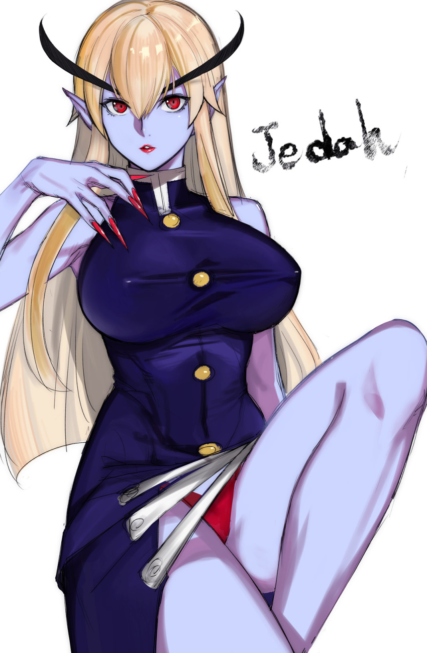 1girl bare_arms bare_shoulders blonde_hair blue_dress blue_skin character_name dress erect_nipples fingernails genderswap genderswap_(mtf) highres jedah_dohma knee_up lipstick long_eyebrows long_fingernails long_hair looking_at_viewer makeup midnight_bliss panties pantyshot pantyshot_(standing) parted_lips pointy_ears red_eyes red_lipstick red_panties sharp_fingernails simple_background solo standing standing_on_one_leg tetsu_(kimuchi) underwear vampire_(game) white_background