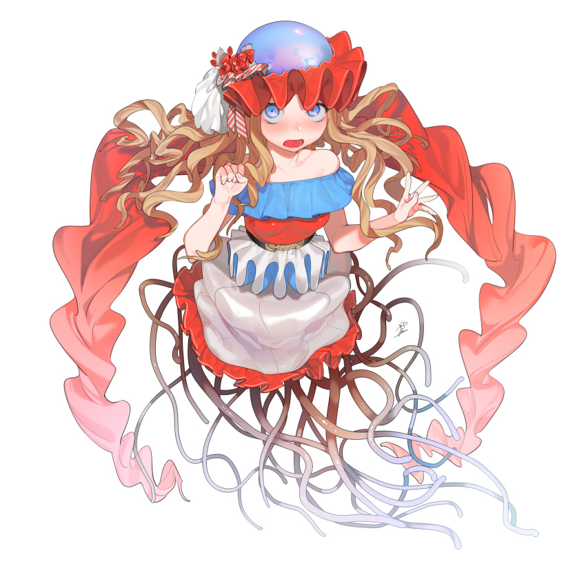 1girl absurdres bare_shoulders belt blue_eyes blush breasts brown_hair hat highres jellyfish legless long_hair looking_at_viewer monster open_mouth original red_shirt shirt skirt small_breasts solo tentacle transparent_background wntame