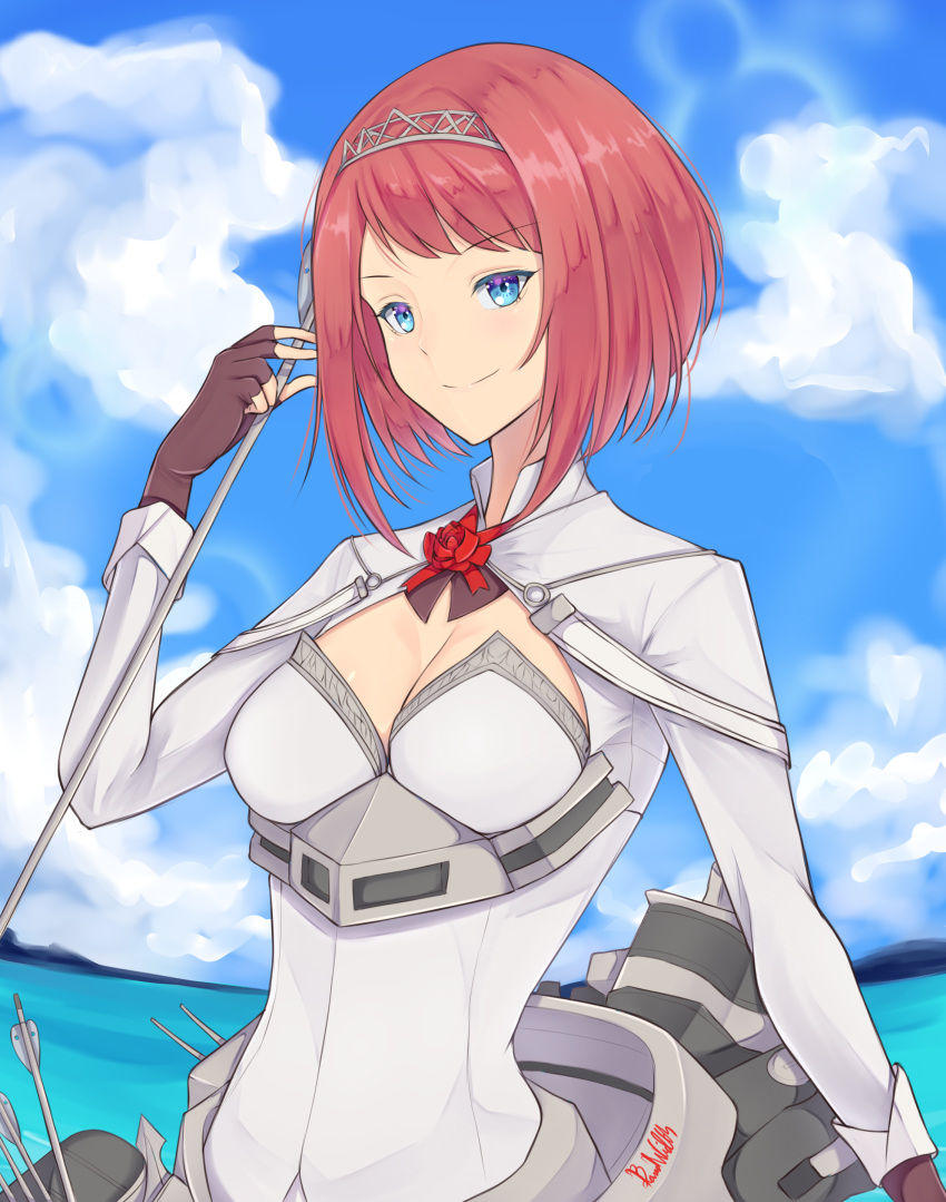 10s 1girl absurdres ark_royal_(kantai_collection) arrow artist_name bangs blackwatchar blue_eyes blue_sky blunt_bangs bob_cut brown_gloves cleavage_cutout clouds day fingerless_gloves gloves hairband highres horizon kantai_collection long_sleeves machinery outdoors quiver redhead rigging short_hair sky solo tiara upper_body