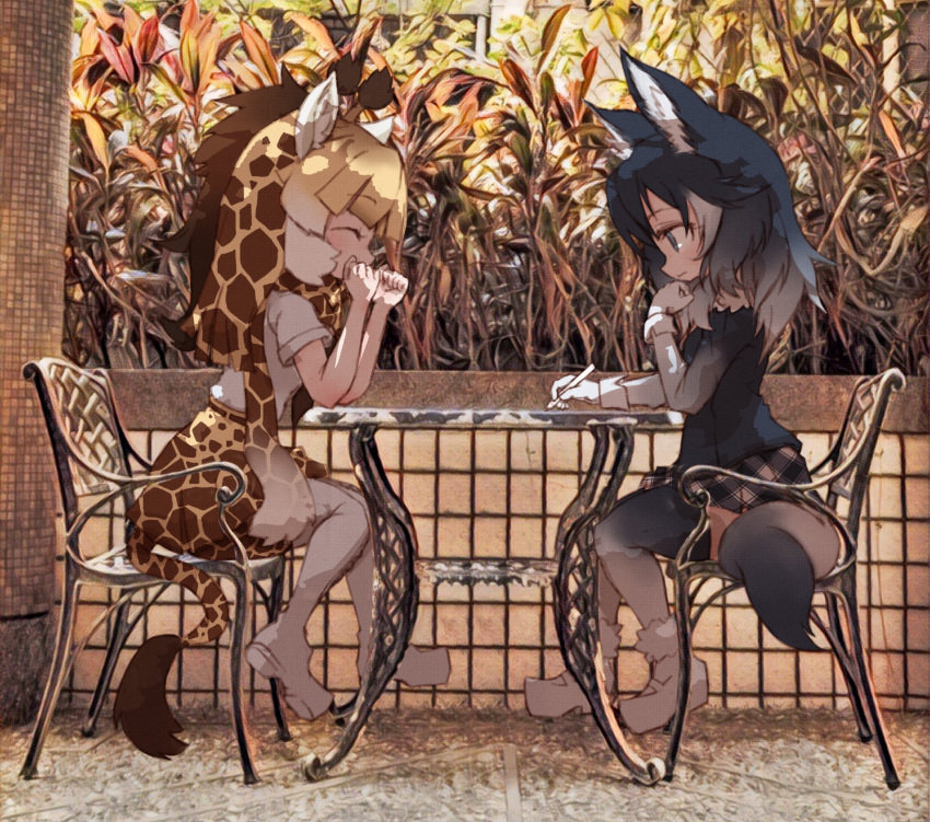 2girls animal_ears black_hair blonde_hair blush chair fur_collar giraffe_ears giraffe_horns gloves grass grey_wolf_(kemono_friends) highres kemono_friends kolshica long_hair long_sleeves multicolored_hair multiple_girls necktie open_mouth plant reticulated_giraffe_(kemono_friends) shirt sitting skirt smile table tail two-tone_hair white_hair wolf_ears