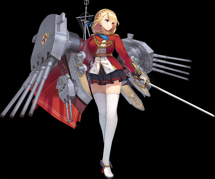 1girl azur_lane bcat belt black_background black_skirt blonde_hair cannon cape closed_mouth commentary_request earrings epaulettes full_body gloves hand_on_hip high_heels holding holding_sword holding_weapon jacket jewelry long_sleeves looking_to_the_side machinery medium_hair miniskirt pleated_skirt prince_of_wales_(zhan_jian_shao_nyu) rapier red_jacket simple_background skirt solo standing sword thigh-highs walking weapon white_gloves white_legwear