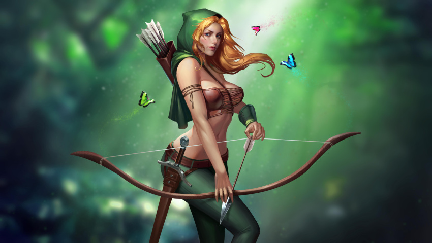 1girl absurdres archery arrow bare_shoulders between_breasts blue_eyes bow bra bracer breasts butterfly cape closed_mouth cross-laced_clothes green_cape green_legwear green_pants highres holding holding_bow holding_weapon hood leather li_fengyang long_hair looking_to_the_side medium_breasts nature navel original outdoors pants quiver redhead rope sheath sheathed solo sword underwear wavy_hair weapon