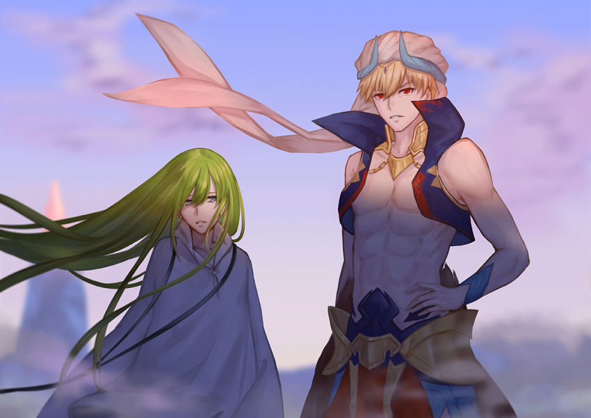 2boys abs androgynous bangs bare_shoulders blonde_hair blue_eyes blue_sky blurry blurry_background bracer cropped_jacket day depth_of_field enkidu_(fate/strange_fake) fate/grand_order fate_(series) faulds gem gilgamesh gilgamesh_(caster)_(fate) hair_between_eyes hand_on_hip horns jacket jacky5493 jewelry long_hair looking_at_viewer male_focus multiple_boys open_clothes open_jacket outdoors red_eyes robe shirtless sky standing turban