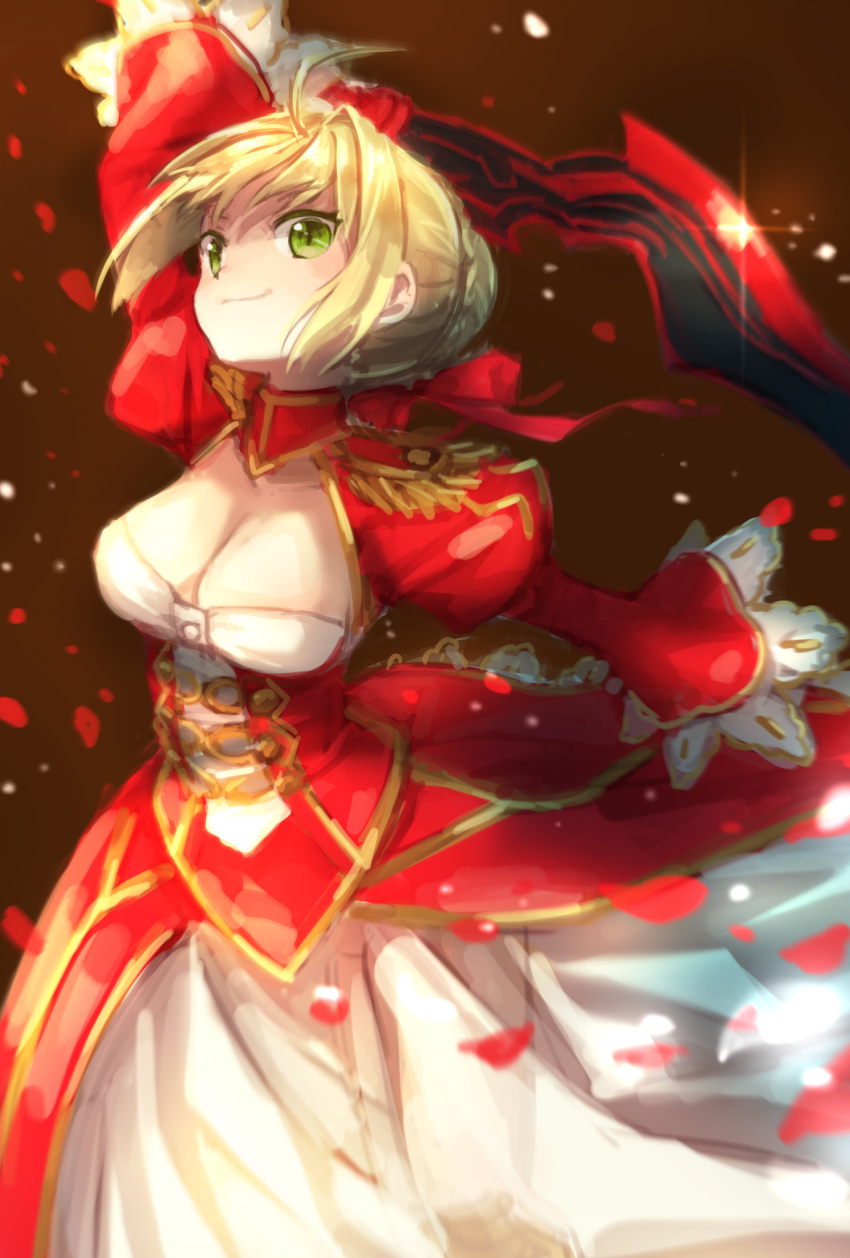 10s 1girl aestus_estus ahoge bangs blonde_hair breasts cleavage dress epaulettes fate/extra fate_(series) green_eyes hair_intakes hair_ribbon highres holding holding_sword holding_weapon looking_at_viewer medium_breasts red_dress ribbon saber_extra simple_background smile sword weapon yumeichigo_alice