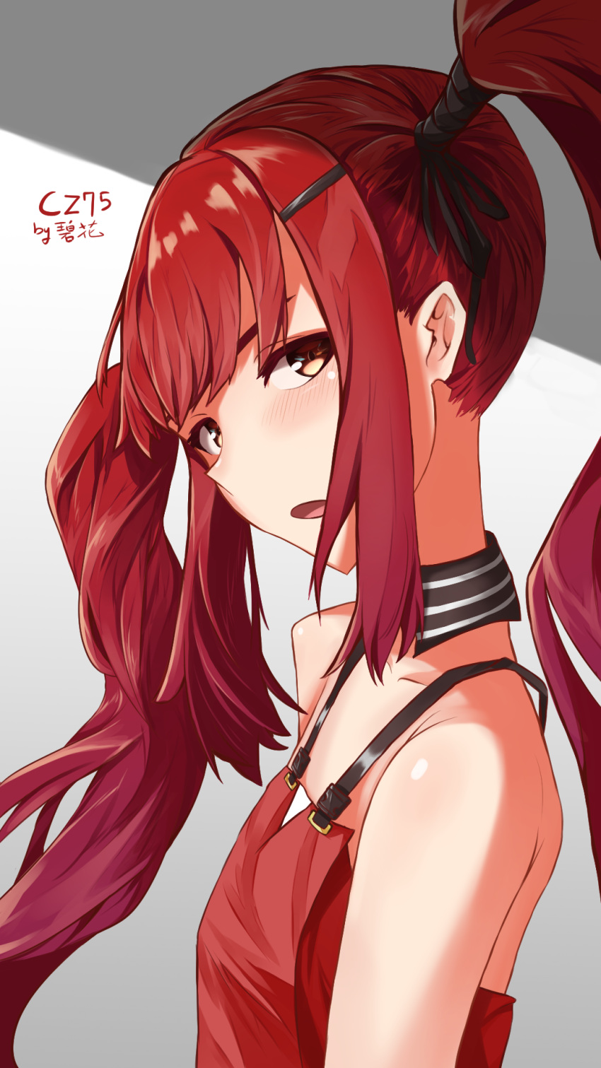 1girl bangs bare_arms bare_shoulders blush character_name choker collarbone cz-75_(girls_frontline) from_side girls_frontline gradient gradient_background hair_ornament hair_tubes hairclip half-closed_eyes head_tilt heki_hana highres long_hair looking_at_viewer open_mouth pants red_eyes redhead sidelocks signature simple_background sleeveless solo standing strap tank_top twintails