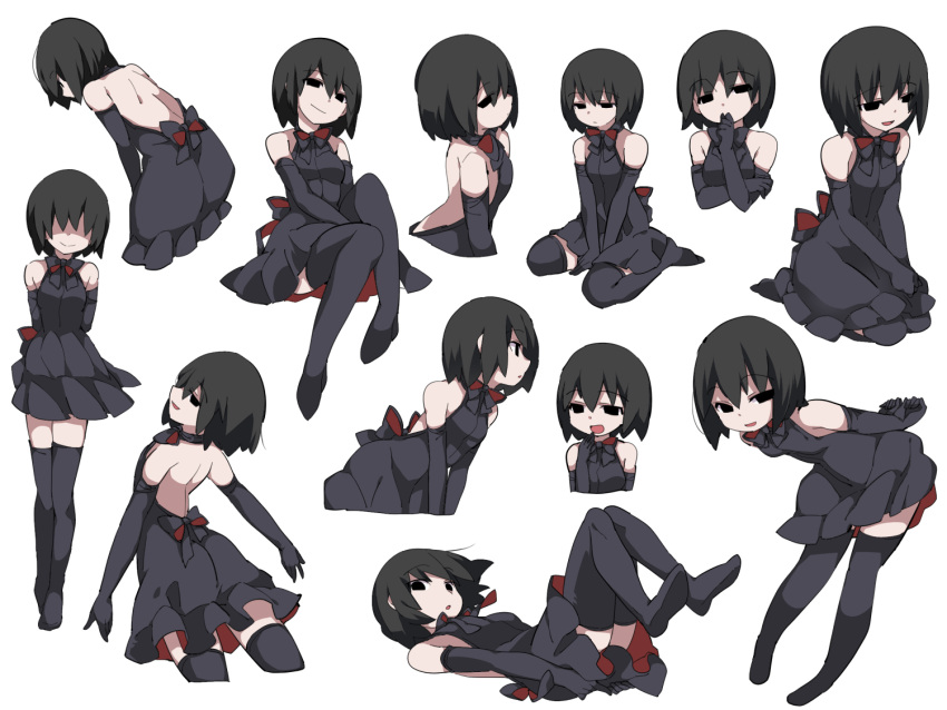 1girl :o bangs bare_shoulders black_dress black_eyes black_hair black_legwear black_ribbon closed_mouth dress from_behind from_side hammer_(sunset_beach) hand_to_own_mouth legs_up looking_at_viewer lying monogatari_(series) multiple_views neck_ribbon no_shoes on_back open-back_dress oshino_ougi parted_lips ribbon short_hair simple_background smile smug standing thigh-highs white_background