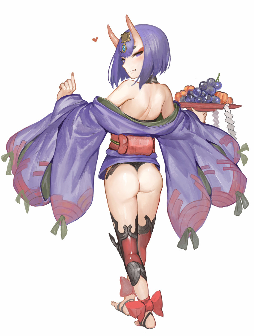 1girl absurdres akizone ankle_ribbon ass bangs bare_shoulders barefoot bob_cut bow choker commentary cup eyelashes fang fate/grand_order fate_(series) food fruit full_body gem grapes hair_ornament heart highres holding holding_cup horns japanese_clothes kimono long_sleeves looking_at_viewer looking_back obi off_shoulder oni oni_horns peach purple_hair ribbon sakazuki sash shide short_hair shuten_douji_(fate/grand_order) simple_background smile solo standing toeless_legwear violet_eyes white_background wide_sleeves