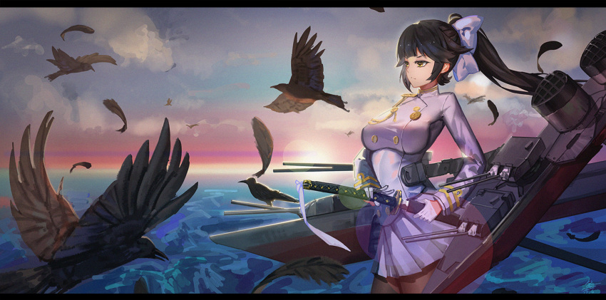 1girl aiguillette azur_lane bangs bird black_hair bow breasts cannon clouds collar cowboy_shot double-breasted facing_to_the_side feathers frown gloves hair_bow hair_ribbon half_gloves holding katana landscape lens_flare long_hair long_ponytail looking_to_the_side mecha_musume military ocean personification pleated_skirt ponytail ribbon rigging serious sheath sk_tori skirt sky sun sunrise sword takao_(bilan_hangxian) turret unsheathing weapon white_gloves white_skirt white_uniform yellow_eyes