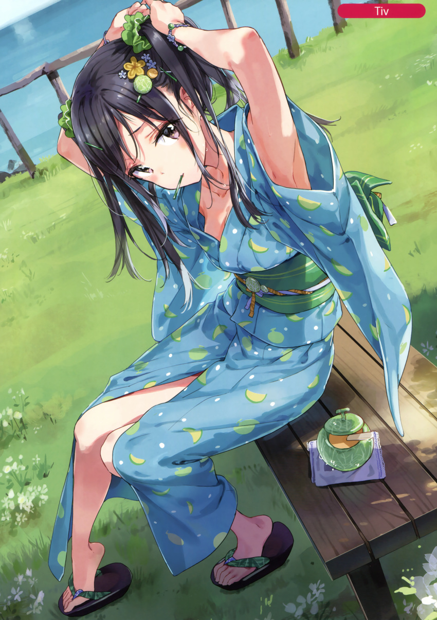 1girl absurdres armpit_peek armpits artist_name bangs bare_legs bench black_hair blue_kimono blush closed_mouth collarbone day feet from_side grass hair_ornament hair_scrunchie hair_tie hairclip highres horizon japanese_clothes kimono long_hair looking_at_viewer melonbooks mouth_hold obi ocean original outdoors park_bench railing sandals sash scan scrunchie side_ponytail sitting solo tiv toes tying_hair violet_eyes wide_sleeves wristband