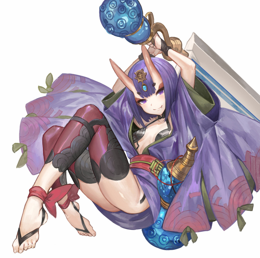 1girl absurdres akizone ankle_ribbon arms_up ass barefoot bob_cut bottle commentary eyelashes fang fate/grand_order fate_(series) full_body gem hair_ornament highres holding holding_sword holding_weapon horns japanese_clothes kimono looking_at_viewer midair obi oni oni_horns purple_hair revealing_clothes ribbon sash short_hair shuten_douji_(fate/grand_order) simple_background smile solo sword violet_eyes weapon white_background wide_sleeves