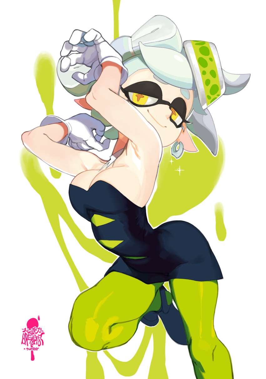 +_+ 1girl armpits bare_shoulders breasts brekkist domino_mask dress earrings food food_on_head gloves green_legwear highres hoop_earrings hotaru_(splatoon) jewelry mask mole mole_under_eye object_on_head pantyhose pointy_ears short_jumpsuit solo splatoon strapless strapless_dress tentacle_hair white_gloves