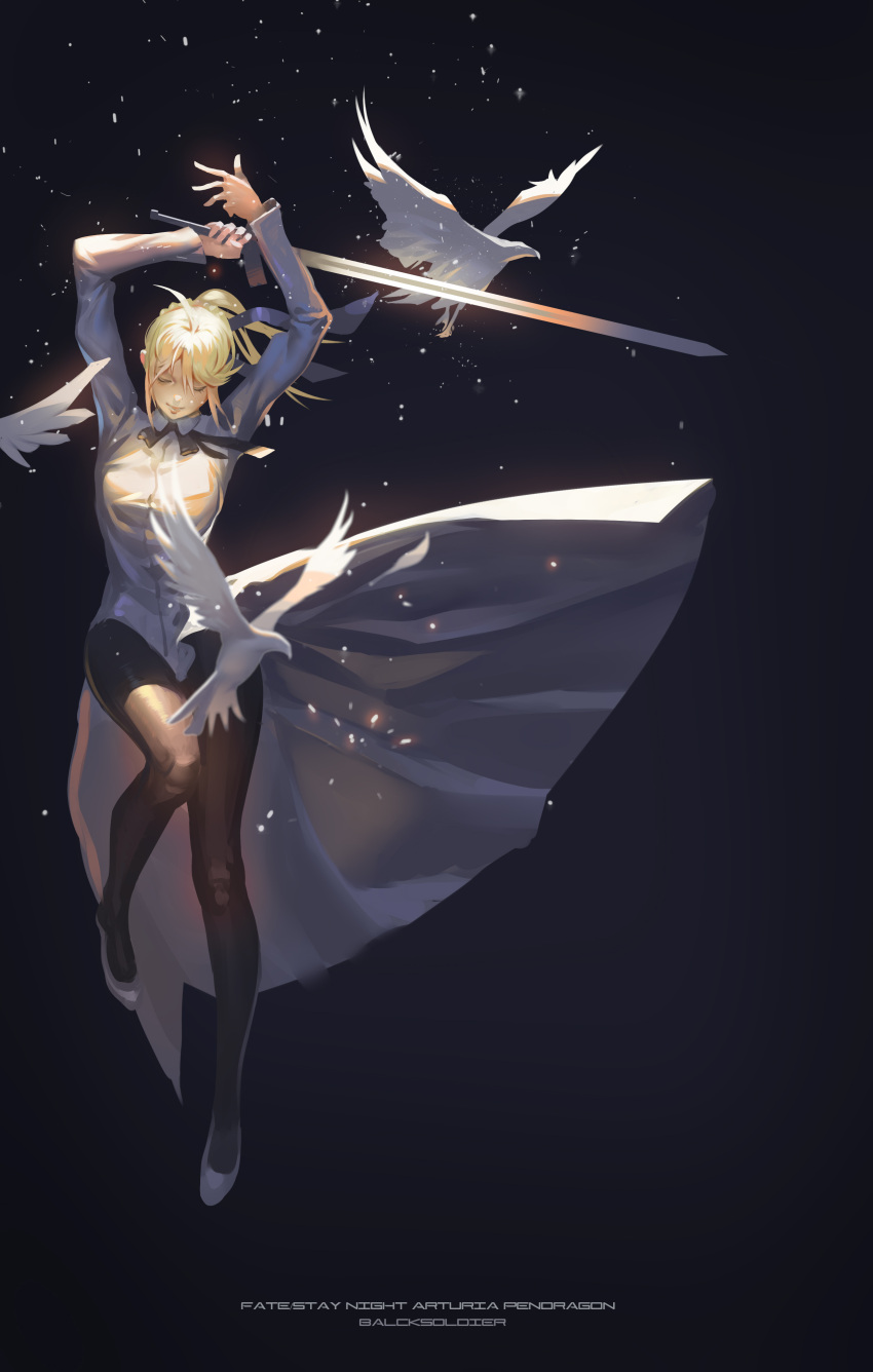 1girl absurdres ahoge artist_name artoria_pendragon_(all) bird black_background black_legwear black_soldier blonde_hair blue_dress blue_jacket breasts character_name closed_eyes closed_mouth copyright_name dove dress excalibur fate/stay_night fate_(series) full_body hands_up highres holding holding_sword holding_weapon jacket leotard long_sleeves medium_breasts saber shoes simple_background solo sword weapon white_shoes