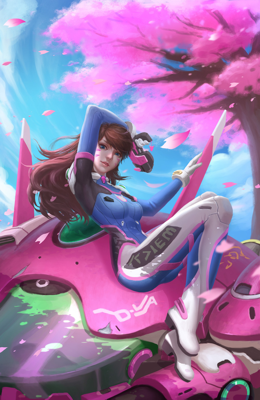 1girl 59_(gwj0409) alternate_eye_color animal_print arm_behind_head arm_up bangs blue_bodysuit blue_eyes blue_sky bodysuit breasts brown_hair bunny_print character_name charm_(object) cherry_blossoms d.va_(overwatch) day facepaint facial_mark full_body gloves gun handgun headphones high_collar highres holding holding_gun holding_weapon light_smile long_hair looking_at_viewer mecha medium_breasts meka_(overwatch) outdoors overwatch parted_lips petals pilot_suit pink_lips pistol ribbed_bodysuit shoulder_pads skin_tight sky solo swept_bangs tree weapon whisker_markings white_gloves wind