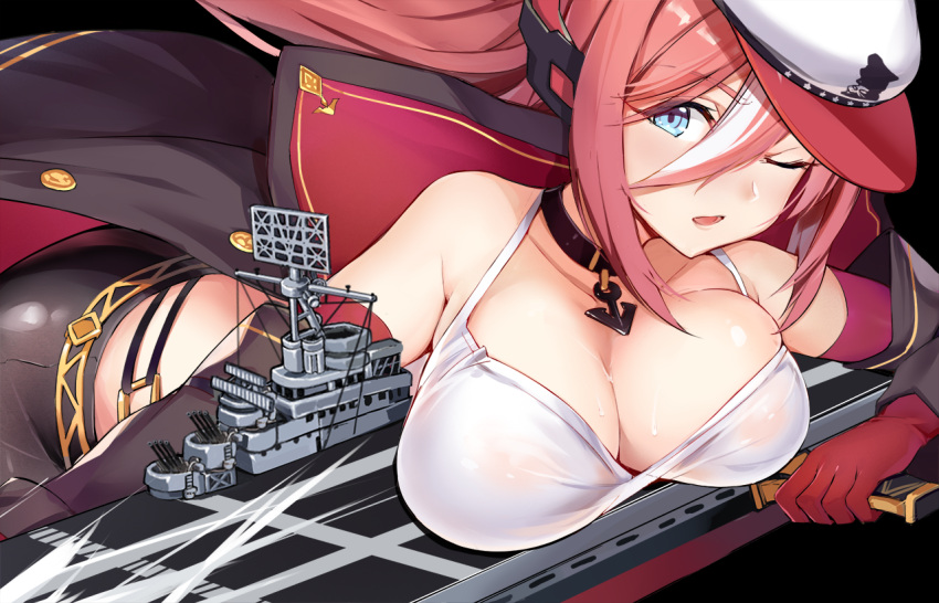 1girl anchor_necklace aqua_eyes azur_lane bare_shoulders bcat black_background black_neckwear black_pants blush breast_press breasts cannon cleavage close-up cropped elbow_gloves eyebrows_visible_through_hair flight_deck gloves hair_between_eyes hat jacket large_breasts long_hair one_eye_closed open_mouth pants ranger_(zhan_jian_shao_nyu) red_gloves redhead ship solo watercraft