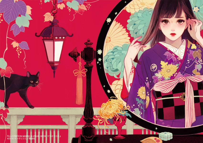 1girl asa_no_ha_(pattern) blush brown_eyes brown_hair cat comb commentary_request floral_background floral_print hand_in_hair hands_up japanese_clothes kimono lantern lipstick looking_at_viewer makeup matsuo_hiromi mirror mole mole_under_eye obi original parted_lips purple_kimono railing red_lipstick reflection sash solo standing watermark