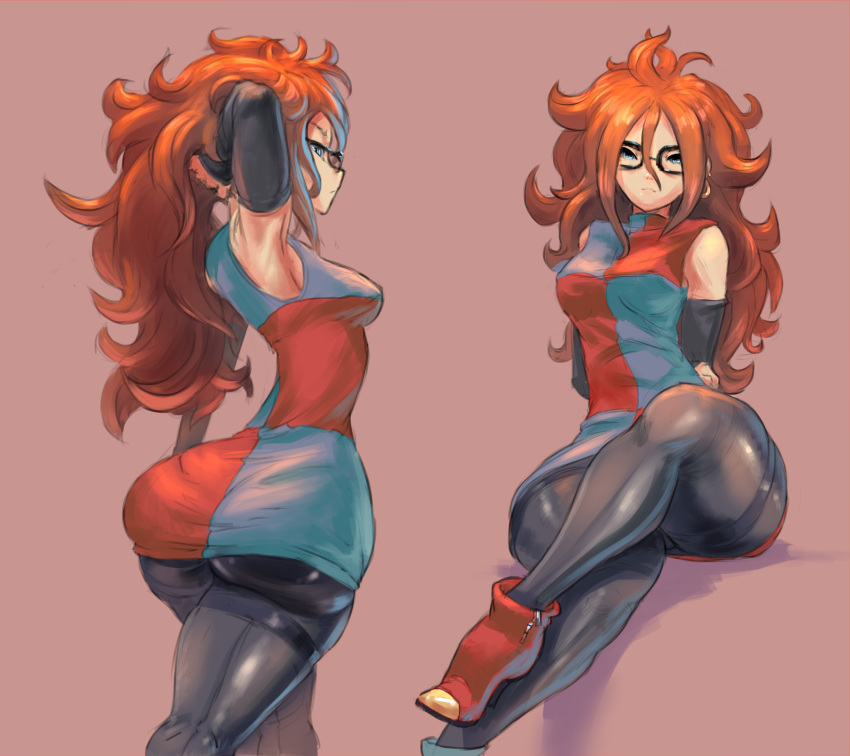 android_21 ankle_boots armpits arms_up ass bare_shoulders blue_eyes boots breasts brown_hair curly_hair cutesexyrobutts detached_sleeves dragon_ball dragon_ball_fighterz earrings glasses high_heel_boots high_heels highres jewelry legwear long_hair looking_at_viewer medium_breasts messy_hair pantyhose pink_background simple_background sitting thick_thighs thighs wide_hips