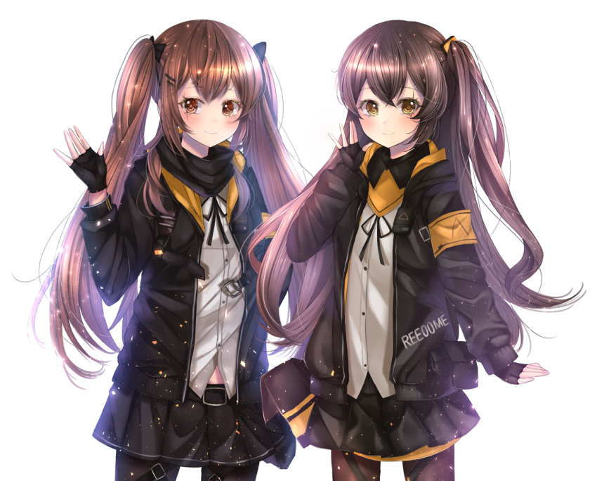 2girls arm_at_side armband bangs belt_buckle black_bow black_gloves black_jacket black_ribbon black_scarf black_skirt blush bow brown_eyes brown_hair brown_legwear buckle commentary cowboy_shot fingerless_gloves girls_frontline gloves grey_shirt hair_bow hair_ornament hairclip hand_up jacket light_brown_hair light_particles long_sleeves looking_at_viewer miniskirt multiple_girls narami one_side_up open_clothes open_jacket pantyhose pleated_skirt pouch ribbon scar scar_across_eye scarf shiny shiny_hair shirt simple_background skirt standing twintails ump45_(girls_frontline) ump9_(girls_frontline) waving white_background yellow_eyes