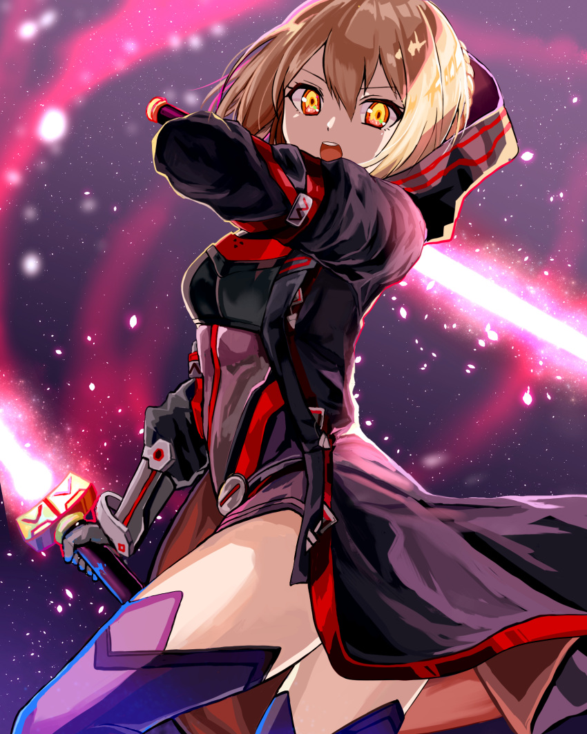 1girl artoria_pendragon_(all) blonde_hair dual_wielding fate/grand_order fate_(series) hair_between_eyes highres holding holding_sword holding_weapon hood kyota07 looking_at_viewer mysterious_heroine_x_(alter) open_mouth orange_eyes purple_legwear short_hair solo sword thigh-highs weapon