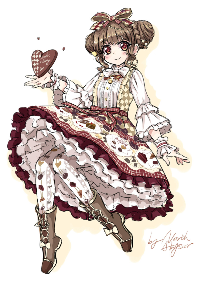 1girl angelic_pretty bangs blush boots bow bowtie braid brown_hair cake_print checkerboard_cookie_hair_ornament chocolate chocolate_heart cookie_hair_ornament double_bun dress food_themed_hair_ornament frilled_cuffs frilled_dress frilled_sleeves frills hair_bow hair_ornament heart highres lolita_fashion long_sleeves looking_at_viewer north_abyssor original pantyhose petticoat print_dress print_legwear red_eyes sidelocks signature simple_background sketch smile solo white_background white_bow white_bowtie wrist_cuffs