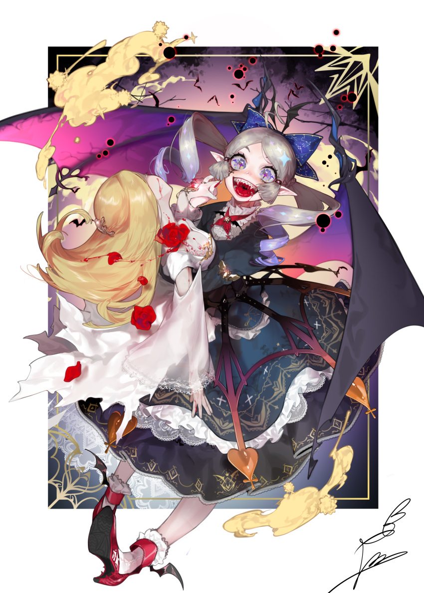 2girls absurdres bat bat_wings bleeding blonde_hair blood blood_drip blue_dress blue_eyes breasts dress drill_hair facing_away fang fantasy fingernails flower frilled_skirt frills grey_hair high_heels highres horror interlocked_fingers large_breasts long_hair long_sleeves looking_at_viewer multiple_girls nail_polish open_mouth original pointy_ears red_nails red_shoes rose sharp_fingernails shoes signature skirt spread_wings symbol_in_eye twin_drills vampire white_dress wide_sleeves wings wntame