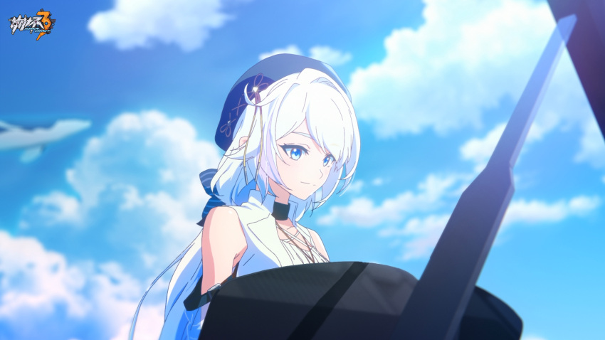 1girl ahoge armpit_crease beret black_choker black_headwear blue_eyes breasts choker clouds cloudy_sky day hat highres honkai_(series) honkai_impact_3rd instrument jewelry kiana_kaslana logo long_hair looking_at_object music necklace official_art official_wallpaper outdoors piano playing_instrument playing_piano sky small_breasts smile solo white_hair