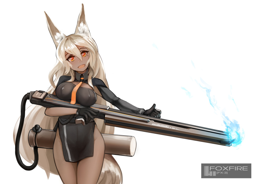 1girl animal_ears arceonn between_breasts black_dress black_gloves breast_hold breasts cowboy_shot dark_skin dress facing_viewer fox_ears fox_tail gloves head_tilt highleg highleg_dress highres holding holding_weapon huge_weapon large_breasts long_hair mole mole_under_eye necktie necktie_between_breasts original pelvic_curtain railgun silver_hair solo tail very_long_hair weapon