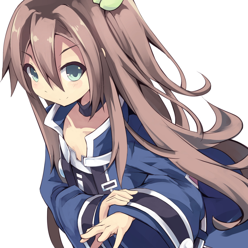 1girl blush bow brown_hair green_eyes hair_between_eyes hair_bow hair_ornament highres if_(choujigen_game_neptune) jacket long_hair looking_at_viewer neptune_(series) normaland ribbon sleeves_past_wrists smile solo