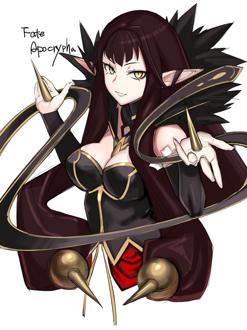 1girl assassin_of_red bare_shoulders black_dress breasts brown_hair copyright_name cropped_torso dress fate/apocrypha fate_(series) hands_up highres long_hair looking_at_viewer medium_breasts pointy_ears simple_background slit_pupils smile solo spikes tetsu_(kimuchi) upper_body white_background yellow_eyes