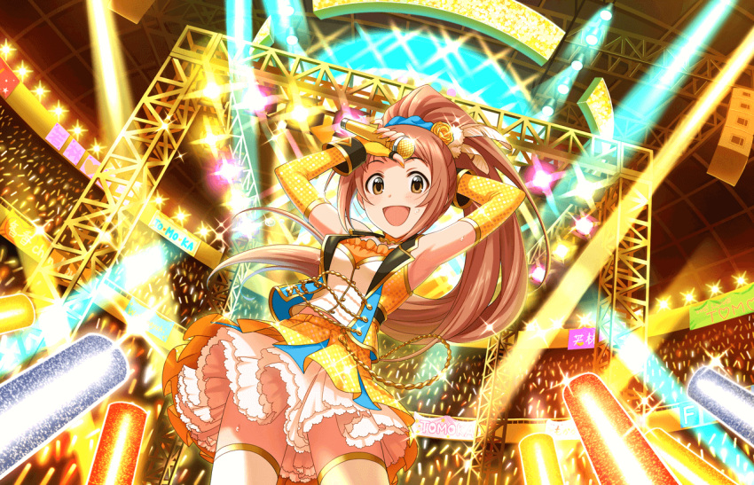 1girl armpits arms_up artist_request blush brown_eyes brown_hair elbow_gloves fingerless_gloves gloves glowstick idolmaster idolmaster_cinderella_girls idolmaster_cinderella_girls_starlight_stage jpeg_artifacts long_hair looking_at_viewer microphone official_art open_mouth outside_border ponytail skirt solo source_request star thigh-highs very_long_hair wakabayashi_tomoka yellow_gloves zettai_ryouiki