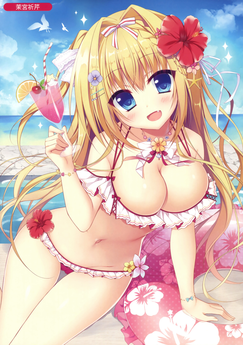 1girl :d absurdres arm_support bangs beach bikini blue_sky blush braid breasts butterfly cleavage clouds cloudy_sky collarbone cup day fang flower frilled_bikini frills hair_intakes hair_ornament hairclip hand_up hibiscus highres holding holding_cup horizon innertube large_breasts long_hair looking_at_viewer matsumiya_kiseri melonbooks navel ocean open_mouth original outdoors red_flower sidelocks sitting sky smile solo swimsuit thighs tropical_drink tsurime