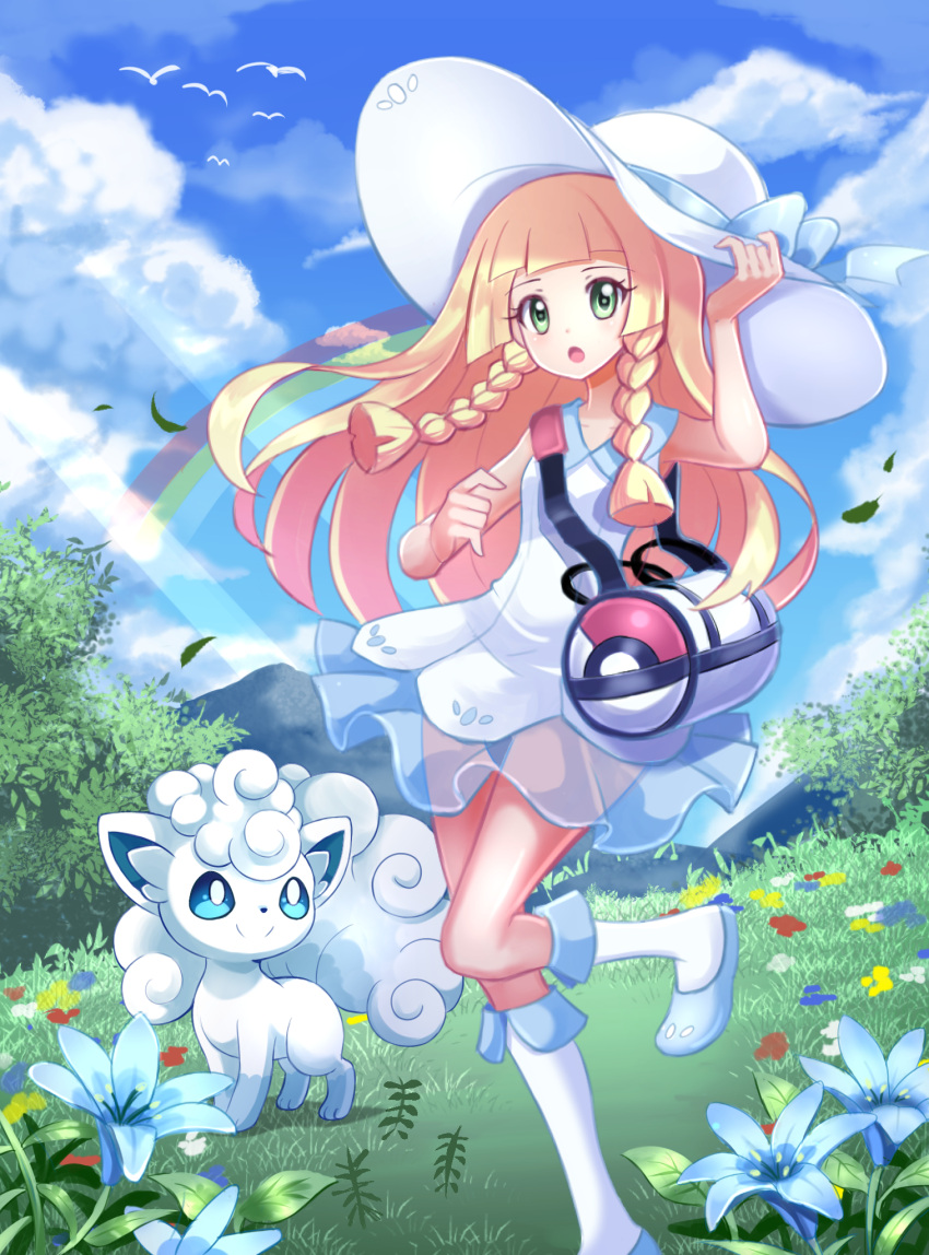 absurdres alolan_vulpix bag blonde_hair dress green_eyes hat highres huge_filesize lillie_(pokemon) pokemon pokemon_(game) pokemon_sm white_dress white_hat