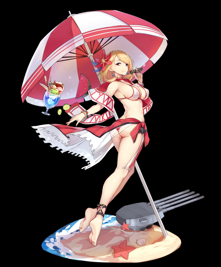 1girl armpits ass azur_lane barefoot bcat bikini black_background blonde_hair bracelet breasts choker closed_mouth drink earrings flower food from_behind fruit full_body hair_flower hair_ornament highres holding holding_sunglasses jewelry large_breasts lime looking_at_viewer looking_back medium_hair nail_polish parasol prince_of_wales_(zhan_jian_shao_nyu) red_bikini_bottom red_choker red_nails seashell shell simple_background smile solo star starfish sunglasses swimsuit umbrella water watermelon white_bikini_top