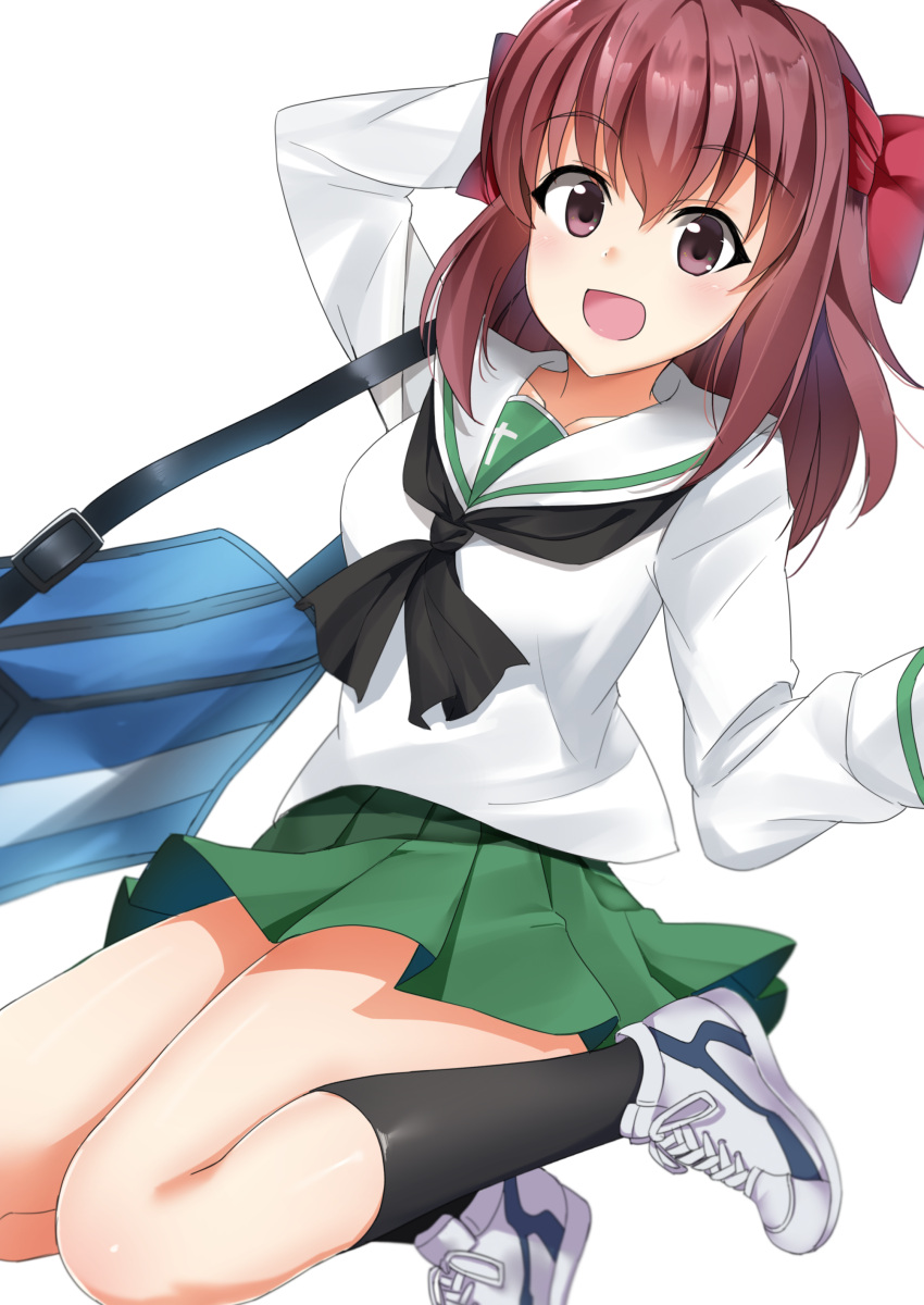 1girl absurdres arm_behind_head bag bangs black_legwear black_neckwear blouse blurry blurry_foreground brown_eyes brown_hair carrying cross-laced_footwear depth_of_field eyebrows_visible_through_hair girls_und_panzer green_skirt highres jumping kondou_taeko legs_up long_sleeves looking_at_viewer miniskirt neckerchief ooarai_school_uniform open_mouth pleated_skirt red_headband sakimaru school_bag school_uniform serafuku shoes short_hair simple_background skirt smile sneakers socks solo white_background white_blouse white_shoes