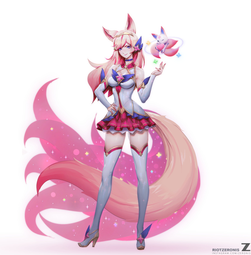 &gt;:) 1girl absurdres ahri animal_ears bangs blue_eyes boots breasts choker cleavage cleavage_cutout closed_mouth contrapposto detached_sleeves fingernails fox_ears fox_tail full_body hair_ornament hairband hand_on_hip high_heel_boots high_heels highres league_of_legends lips long_fingernails long_hair looking_at_viewer magical_girl mascot medium_breasts multiple_tails nail_polish paul_kwon pink_hair simple_background skirt smirk solo standing star_guardian_ahri swept_bangs tail thigh-highs thigh_boots white_background white_legwear zettai_ryouiki