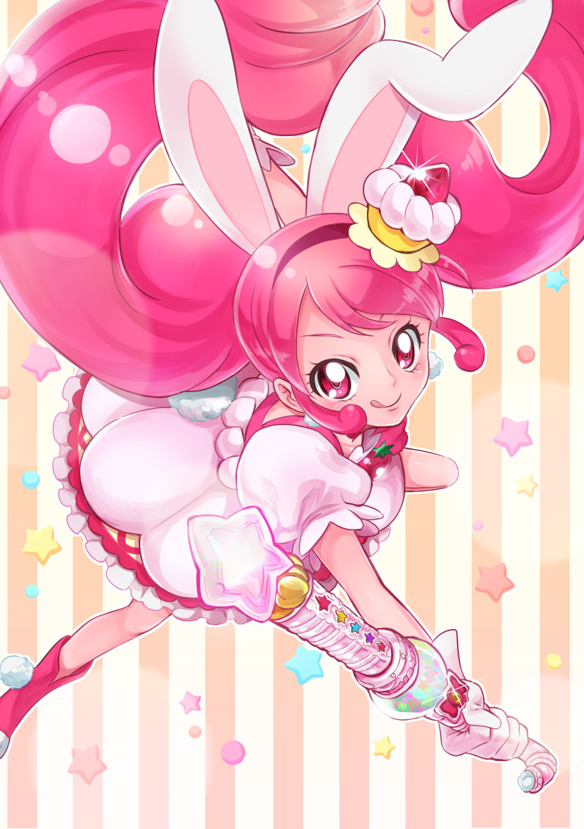1girl :q absurdres animal_ears beige_background bunny_tail cake_hair_ornament cure_whip dress extra_ears food_themed_hair_ornament gloves hair_ornament hairband highres holding holding_wand kirakira_precure_a_la_mode long_hair looking_at_viewer magical_girl pink_eyes pink_footwear pink_hair pink_hairband precure rabbit_ears sharumon shoes smile solo star starry_background striped striped_background tail tongue tongue_out twintails usami_ichika wand white_dress white_gloves