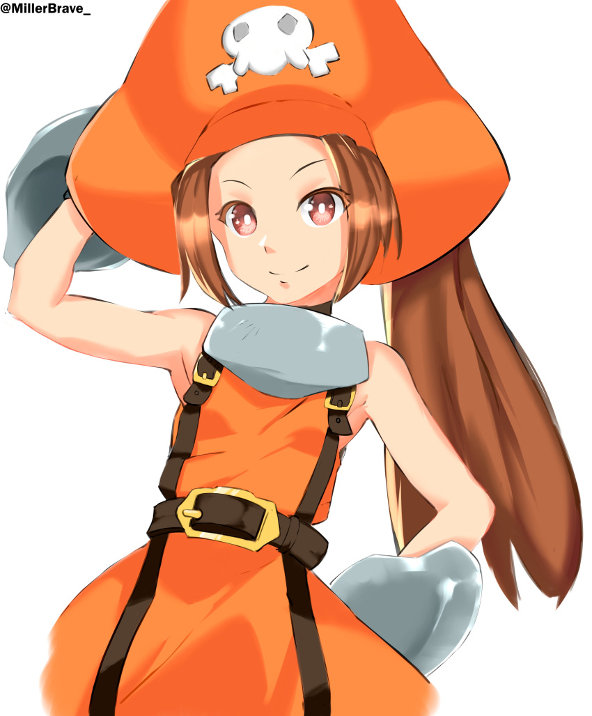 1girl absurdres arm_behind_head arm_up armpits artist_name bare_shoulders belt belt_buckle bright_pupils brown_hair buckle flat_chest gloves guilty_gear guilty_gear_xrd hat highres long_hair looking_at_viewer may_(guilty_gear) millerbrave orange_headwear pants pirate pirate_hat red_eyes simple_background skull_and_crossbones sleeveless smile solo twitter_username white_background white_pupils