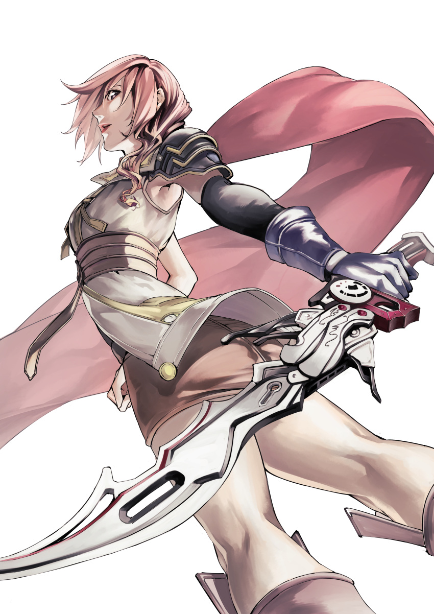 1girl absurdres asymmetrical_hair cape elbow_gloves final_fantasy final_fantasy_xiii gloves gunblade highres lightning_farron looking_at_viewer open_mouth pink_hair shoulder_pads simple_background single_glove snowcat. solo sword weapon white_background