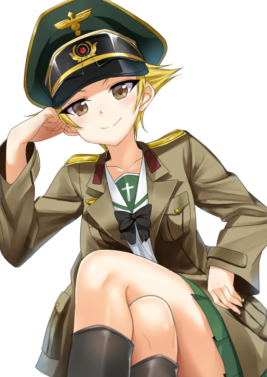 1girl absurdres black_bow black_footwear blonde_hair blouse blurry blurry_foreground boots bow brown_eyes brown_jacket close-up closed_mouth depth_of_field erwin_(girls_und_panzer) foreshortening girls_und_panzer goggles goggles_on_headwear green_hat green_skirt hand_on_headwear hat head_rest head_tilt highres jacket legs_crossed long_sleeves looking_at_viewer military_hat military_jacket miniskirt ooarai_school_uniform open_clothes open_jacket peaked_cap pleated_skirt pointy_hair sakimaru school_uniform serafuku short_hair simple_background skirt smile solo white_background white_blouse