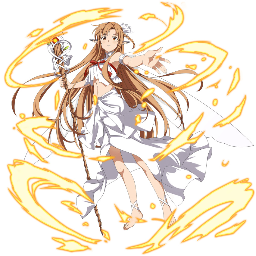 1girl asuna_(sao) braid brown_eyes brown_hair highres holding holding_staff long_hair magic navel official_art outstretched_arm parted_lips pointy_ears solo staff sword_art_online titania_(sao) transparent_background