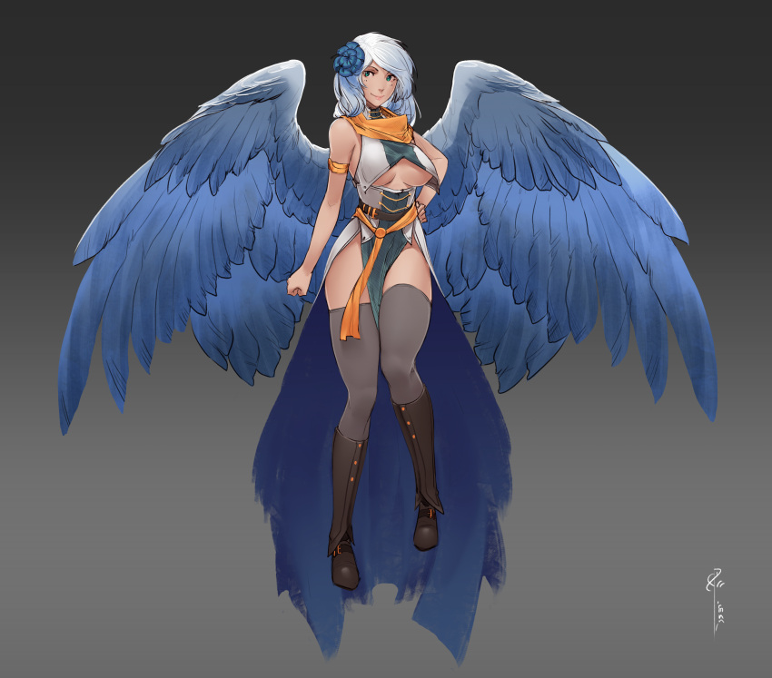 1girl absurdres angel bare_shoulders belt bird_wings blue_hair blue_wings boots breasts brown_footwear clenched_hand closed_mouth dress feathered_wings flower full_body gradient gradient_background green_eyes grey_background grey_legwear hair_flower hair_ornament hand_on_hip highres knees_together_feet_apart less long_hair looking_at_viewer orange_scarf original pelvic_curtain scarf signature skindentation smile solo thigh-highs under_boob white_dress wings