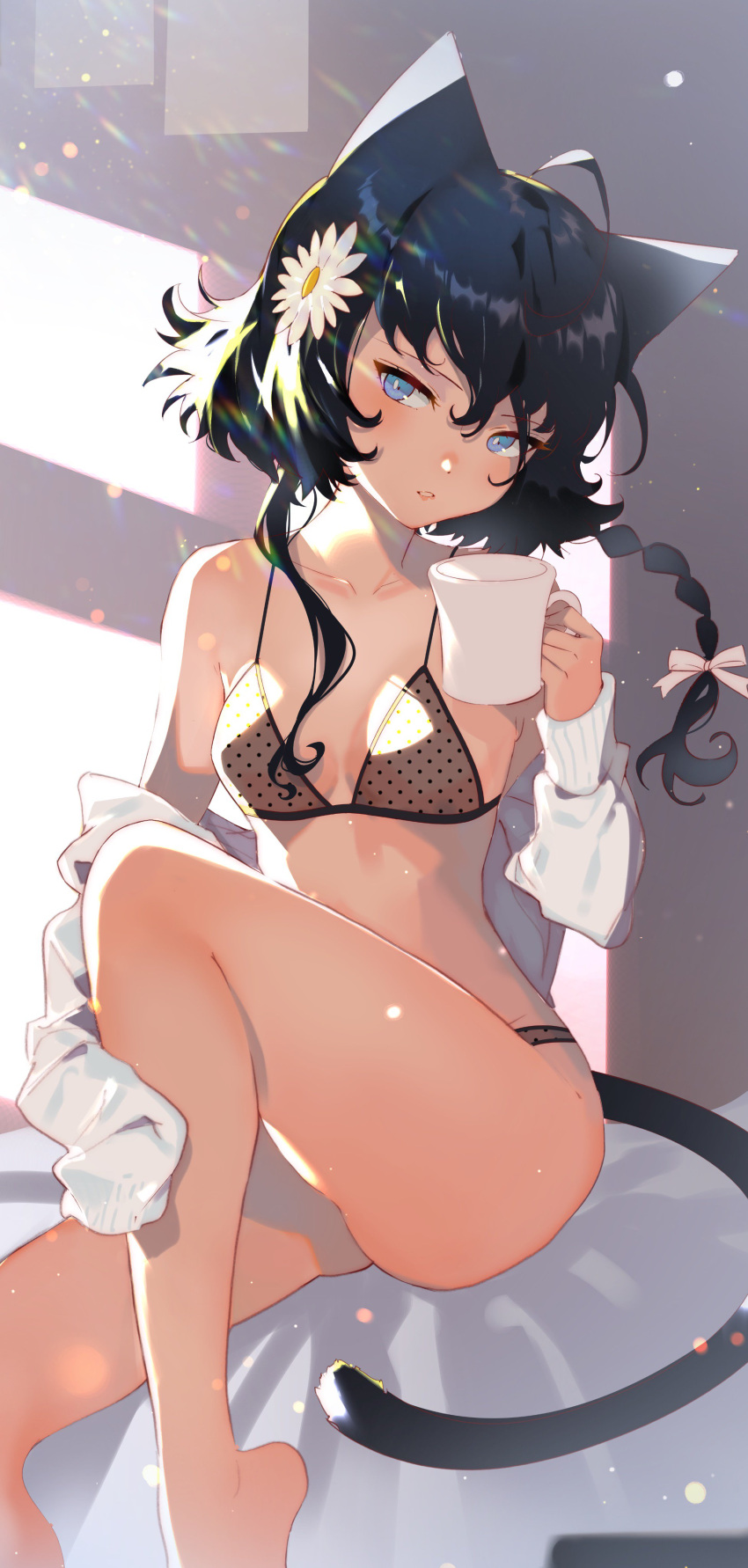 1girl absurdres ahoge animal_ears aruterra bangs black_hair blue_eyes braid braiding_hair breasts cat_ears cat_girl cat_tail collarbone cup flower hair_between_eyes hair_flower hair_ornament hair_ribbon hairdressing highres holding holding_cup indoors looking_at_viewer open_mouth original parted_lips ribbon short_hair short_hair_with_long_locks side_braid sitting small_breasts solo tail underwear